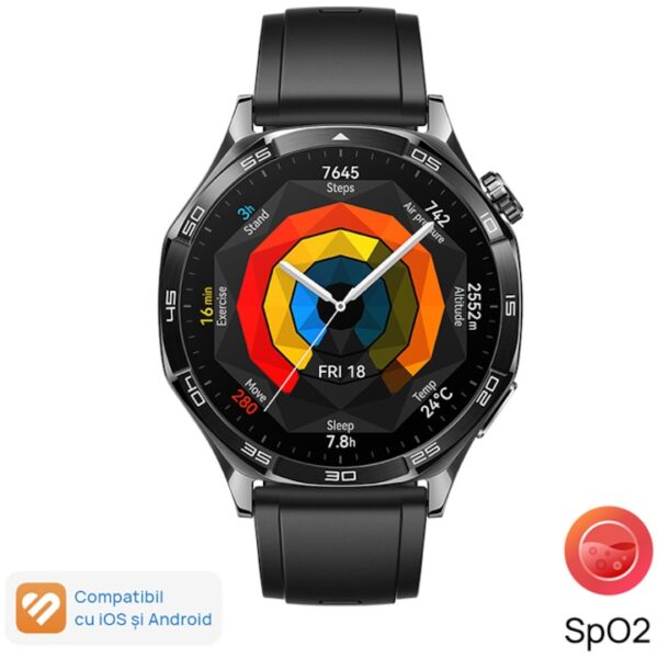 Ceas Huawei Watch GT 5, 46MM, Stainless Steel Case, Black Fluoroelastomer